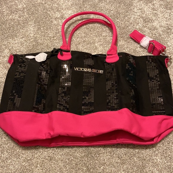 Victoria's Secret Handbags - Victoria’s Secret Black and Pink Sequined Canvas Tote